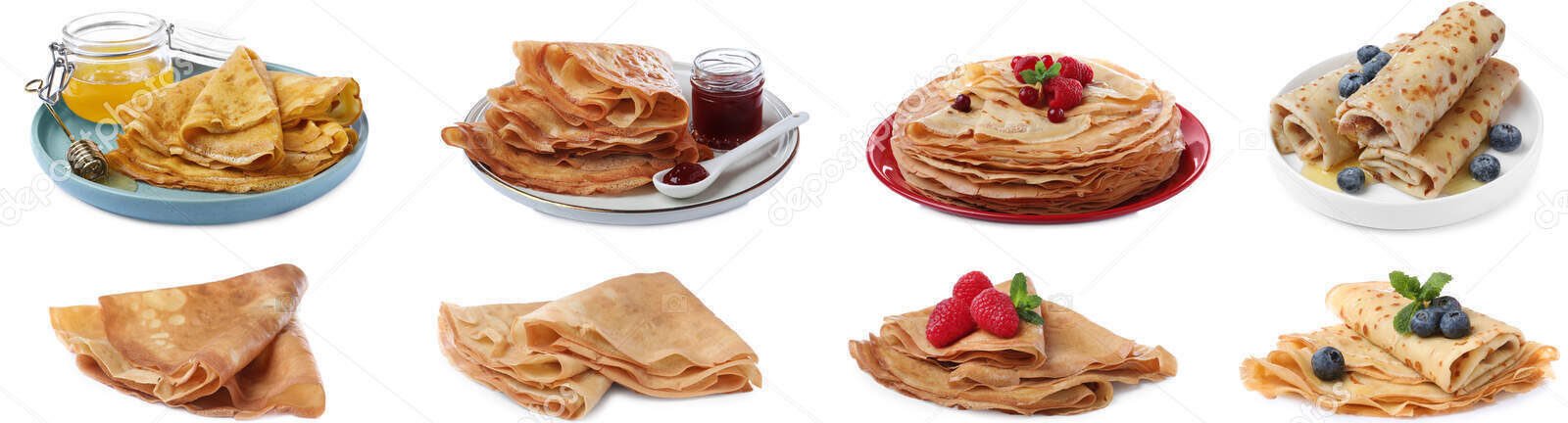 Set of delicious crepes with berries, jam and honey on white background. Banner design